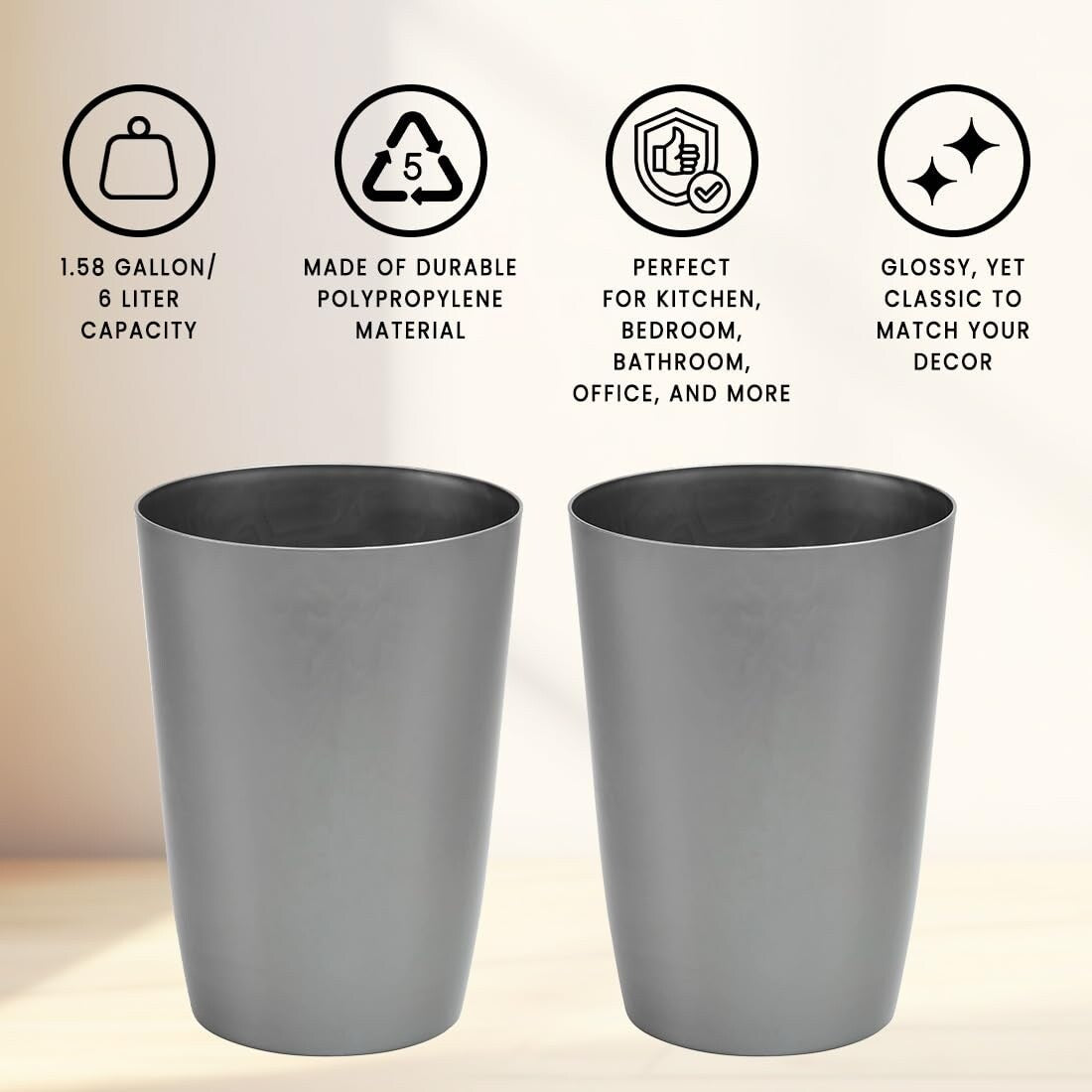 HOLD N' STORAGE - Set di 2 piccoli cestini per la spazzatura con parte superiore aperta per spazi compatti e ristretti - Capacità 1,58 galloni