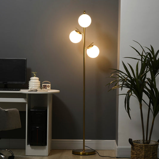 HOMCOM Lampade da terra moderne a 3 luci per soggiorno, lampada da terra a forma di albero per camera da letto con paralume a globo, base in acciaio, oro