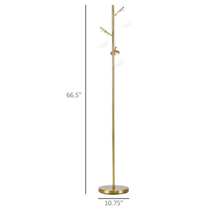 HOMCOM Lampade da terra moderne a 3 luci per soggiorno, lampada da terra a forma di albero per camera da letto con paralume a globo, base in acciaio, oro