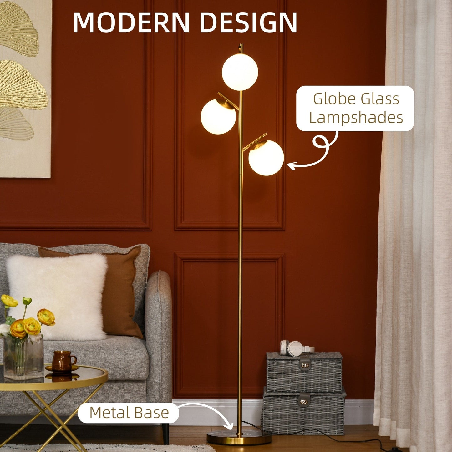 HOMCOM Lampade da terra moderne a 3 luci per soggiorno, lampada da terra a forma di albero per camera da letto con paralume a globo, base in acciaio, oro