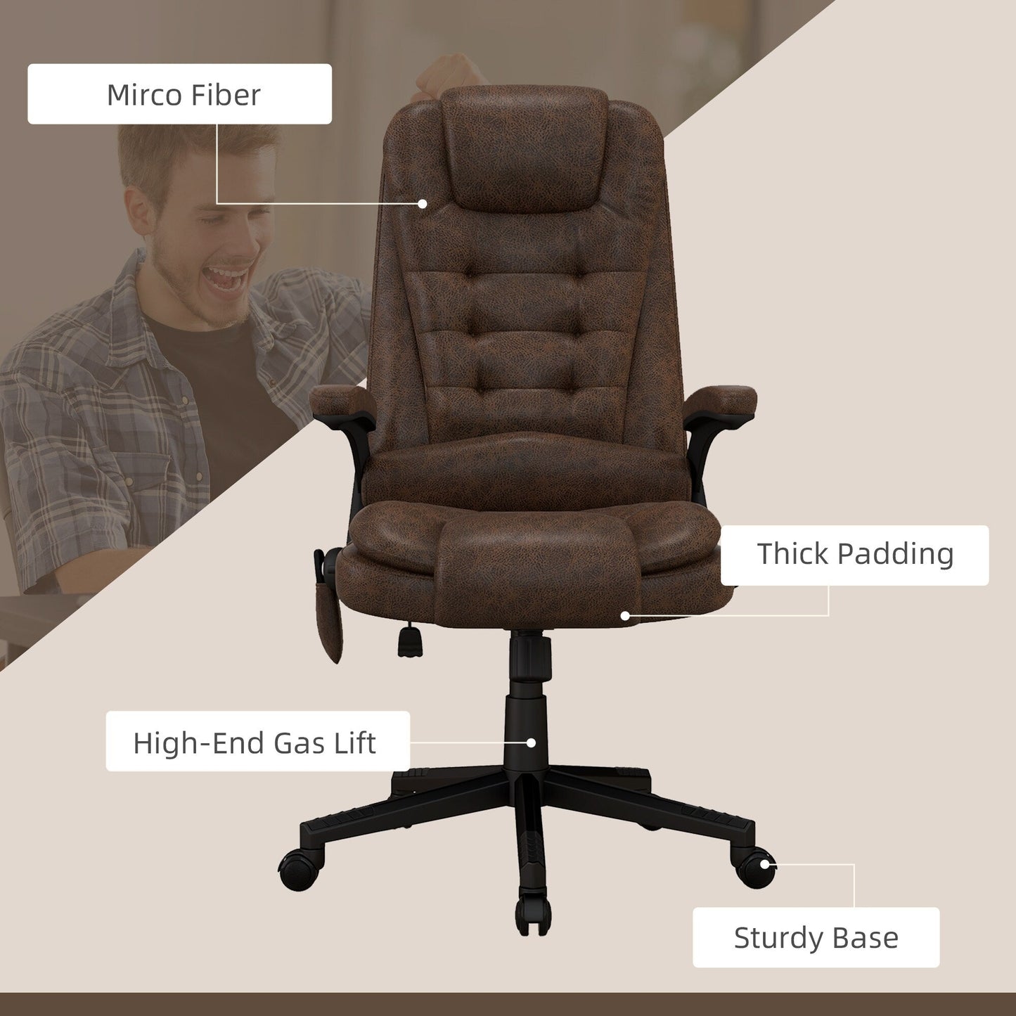 HOMCOM Sedia da ufficio massaggiante vibrante a 6 punti con calore, sedia da ufficio direzionale in microfibra con schienale alto e schienale reclinabile