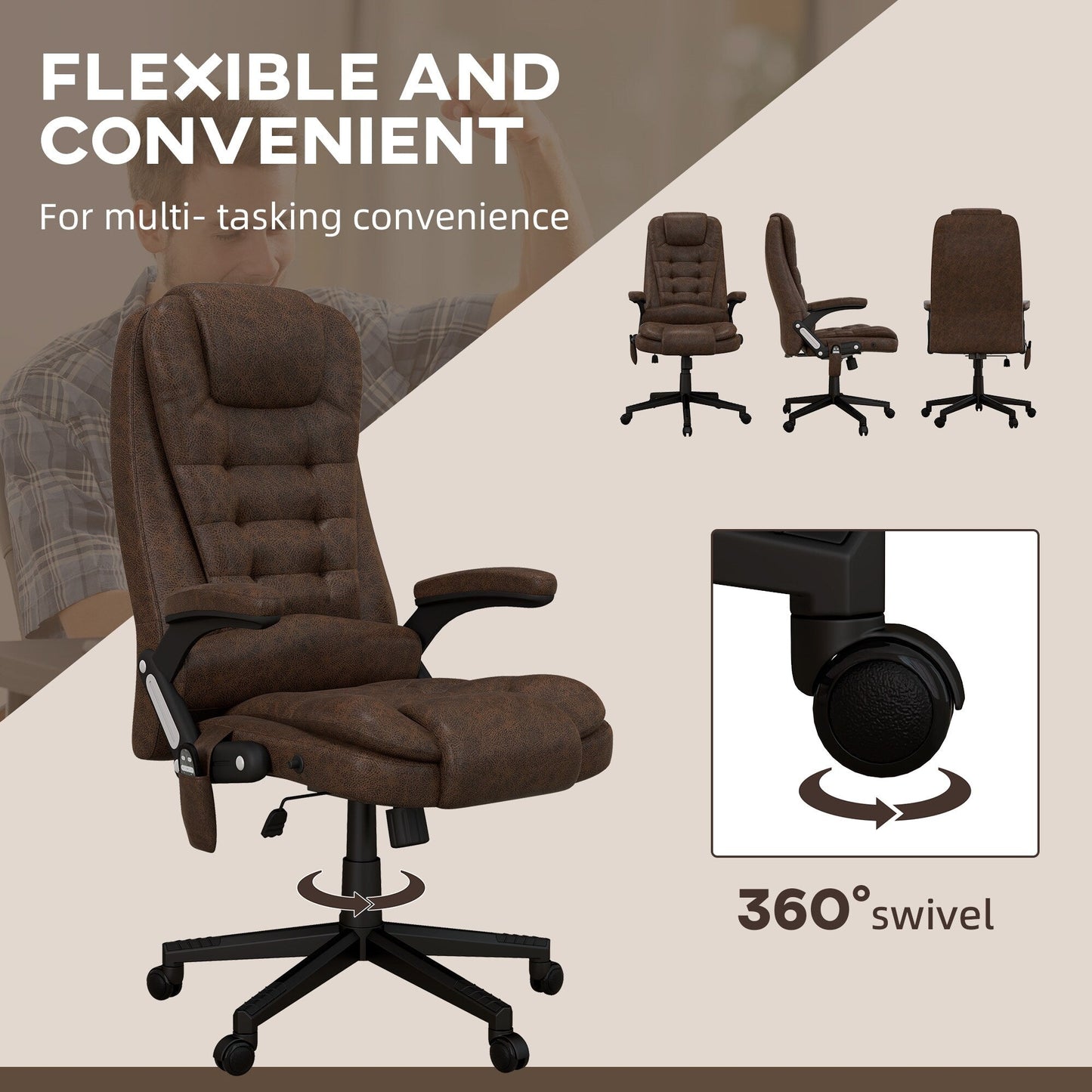 HOMCOM Sedia da ufficio massaggiante vibrante a 6 punti con calore, sedia da ufficio direzionale in microfibra con schienale alto e schienale reclinabile