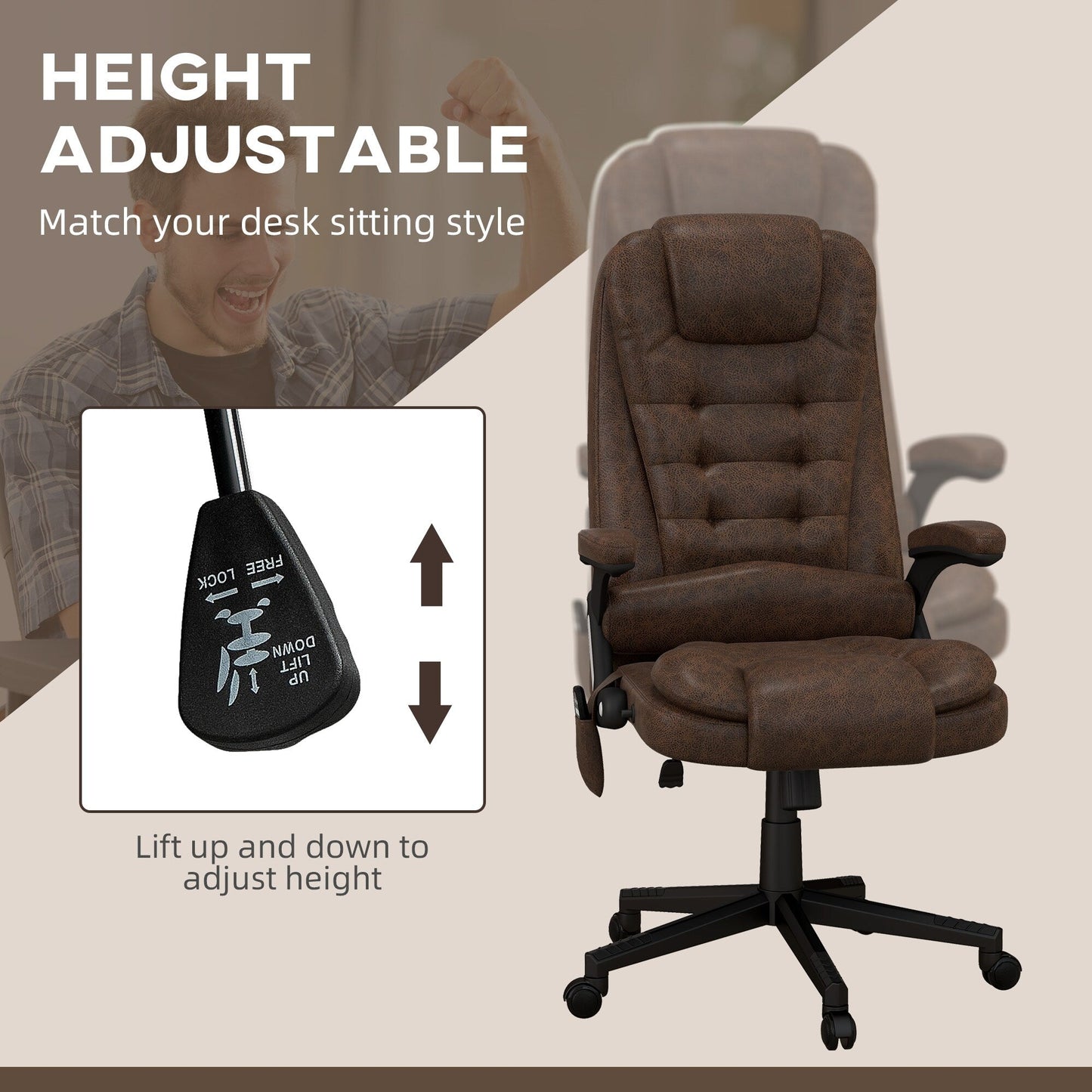 HOMCOM Sedia da ufficio massaggiante vibrante a 6 punti con calore, sedia da ufficio direzionale in microfibra con schienale alto e schienale reclinabile