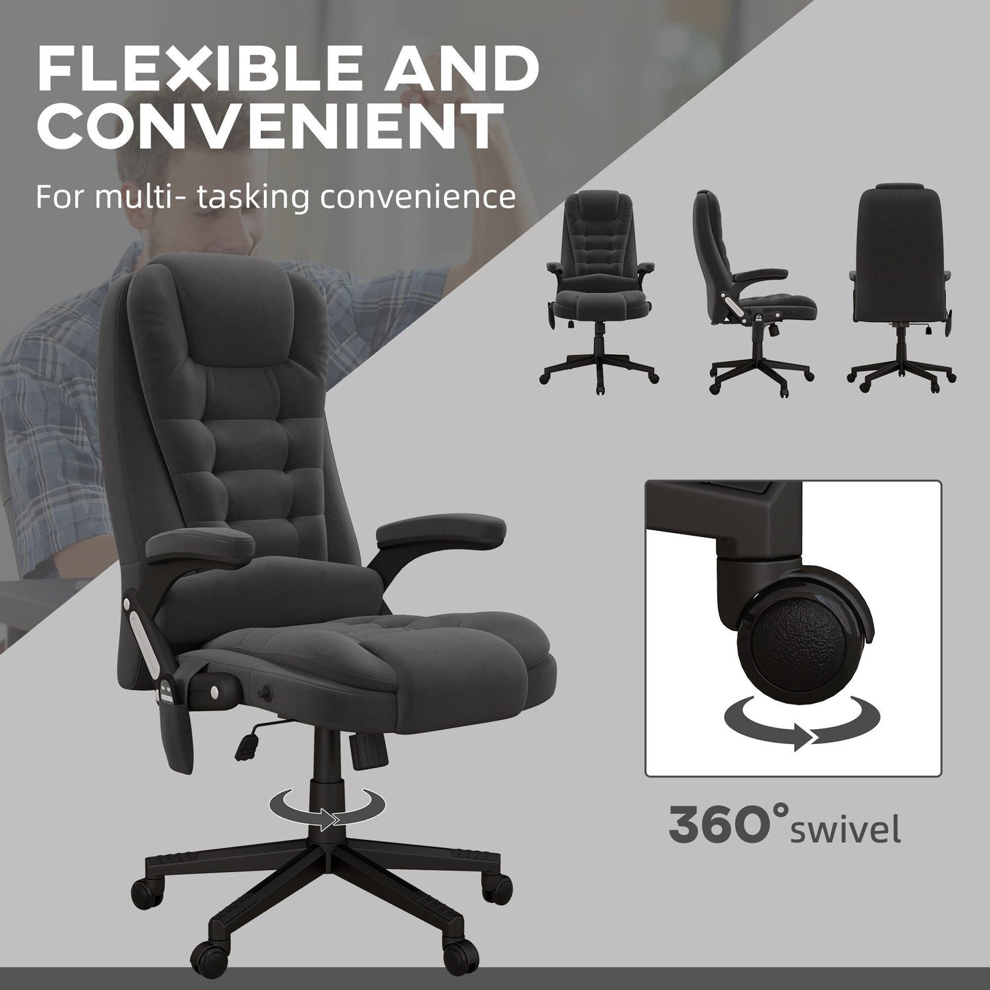 HOMCOM Sedia da ufficio con massaggio vibrante a 6 punti con calore, sedia da ufficio direzionale in velluto con schienale alto e schienale reclinabile