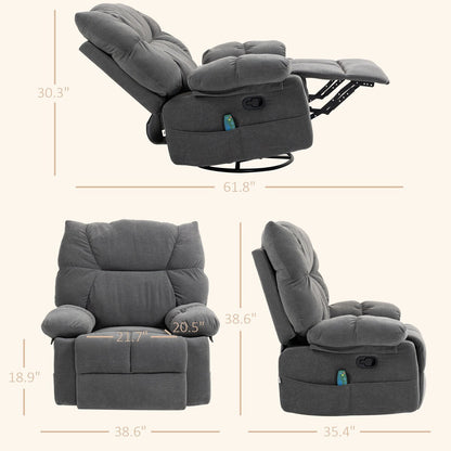 Poltrona reclinabile massaggiante HOMCOM grigio scuro con vibrazione e calore, poltrona a dondolo girevole oversize, divano singolo