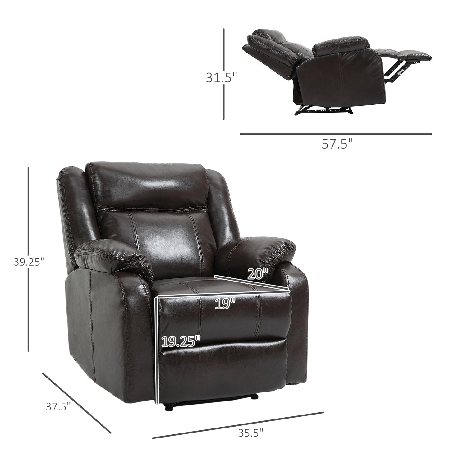 Divano reclinabile in pelle PU HOMCOM, poltrona reclinabile manuale imbottita con poggiapiedi per soggiorno