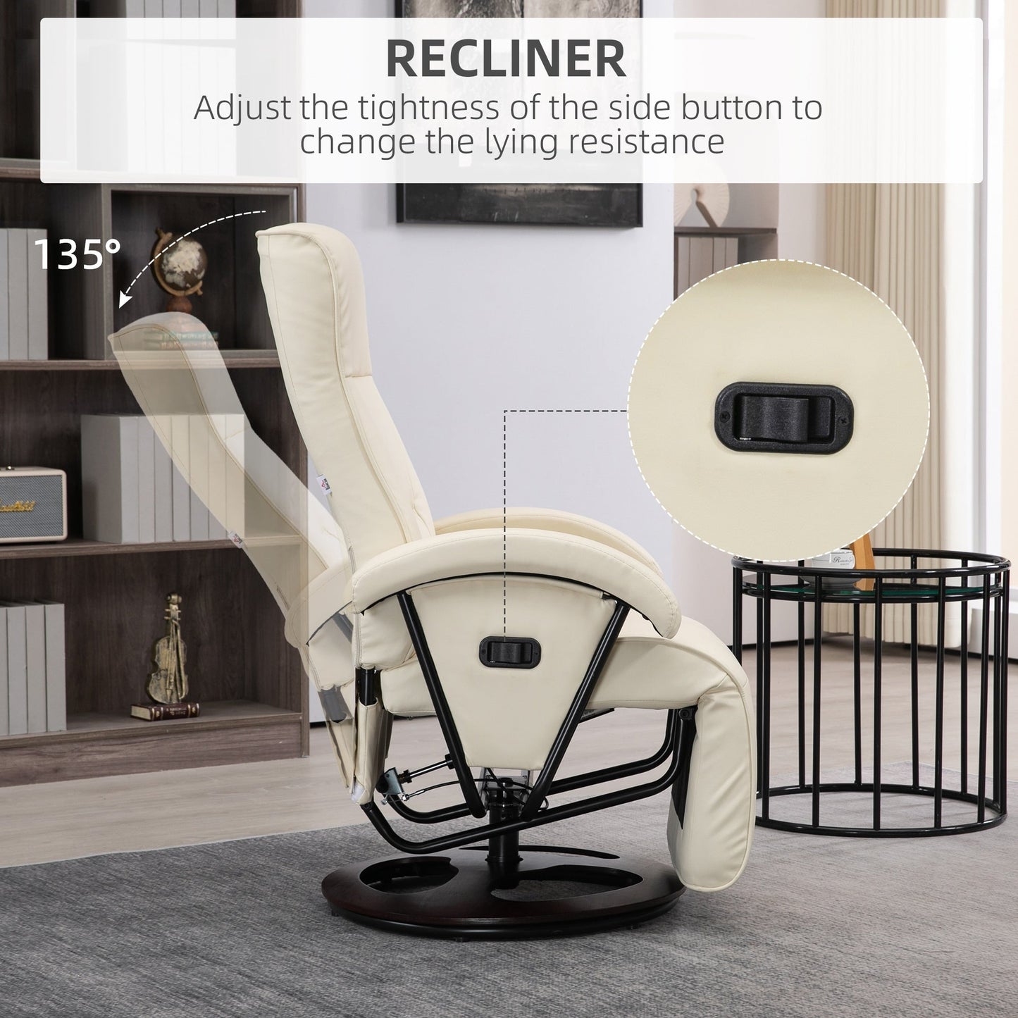 Poltrona reclinabile HOMCOM in PU con poggiapiedi, poltrona con schienale regolabile a 135°, base girevole in legno