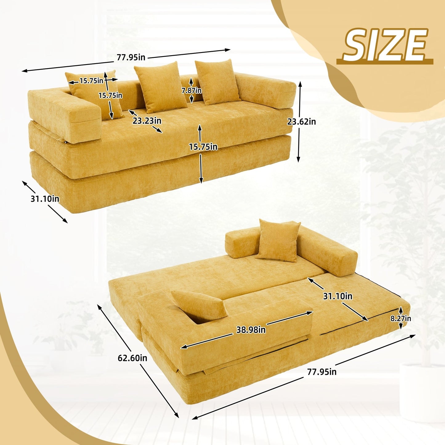 Divano letto trasformabile pieghevole in memory foam imbottito in ciniglia HOMEFUN con cuscini per soggiorno