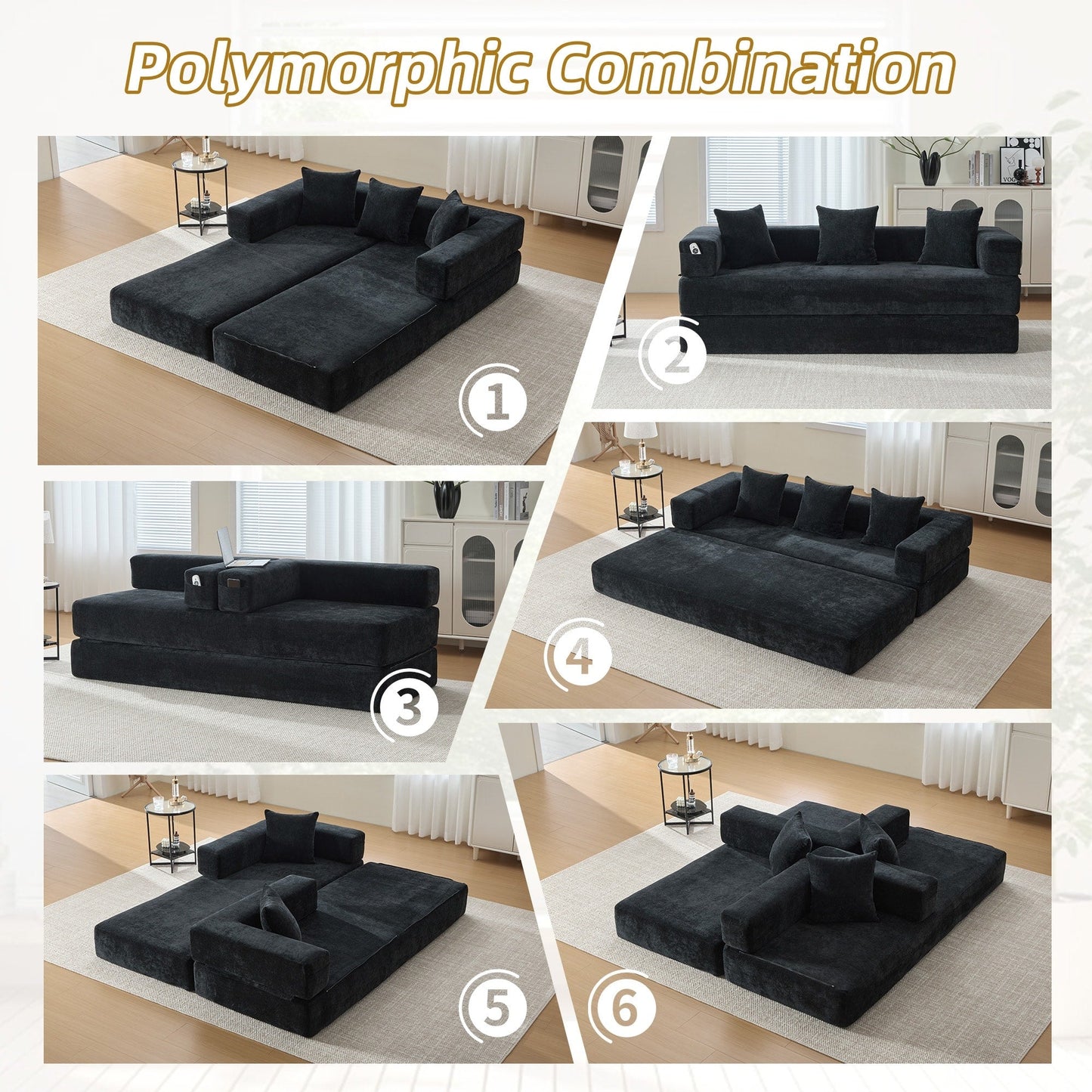 Divano letto trasformabile pieghevole in memory foam imbottito in ciniglia HOMEFUN con cuscini per soggiorno