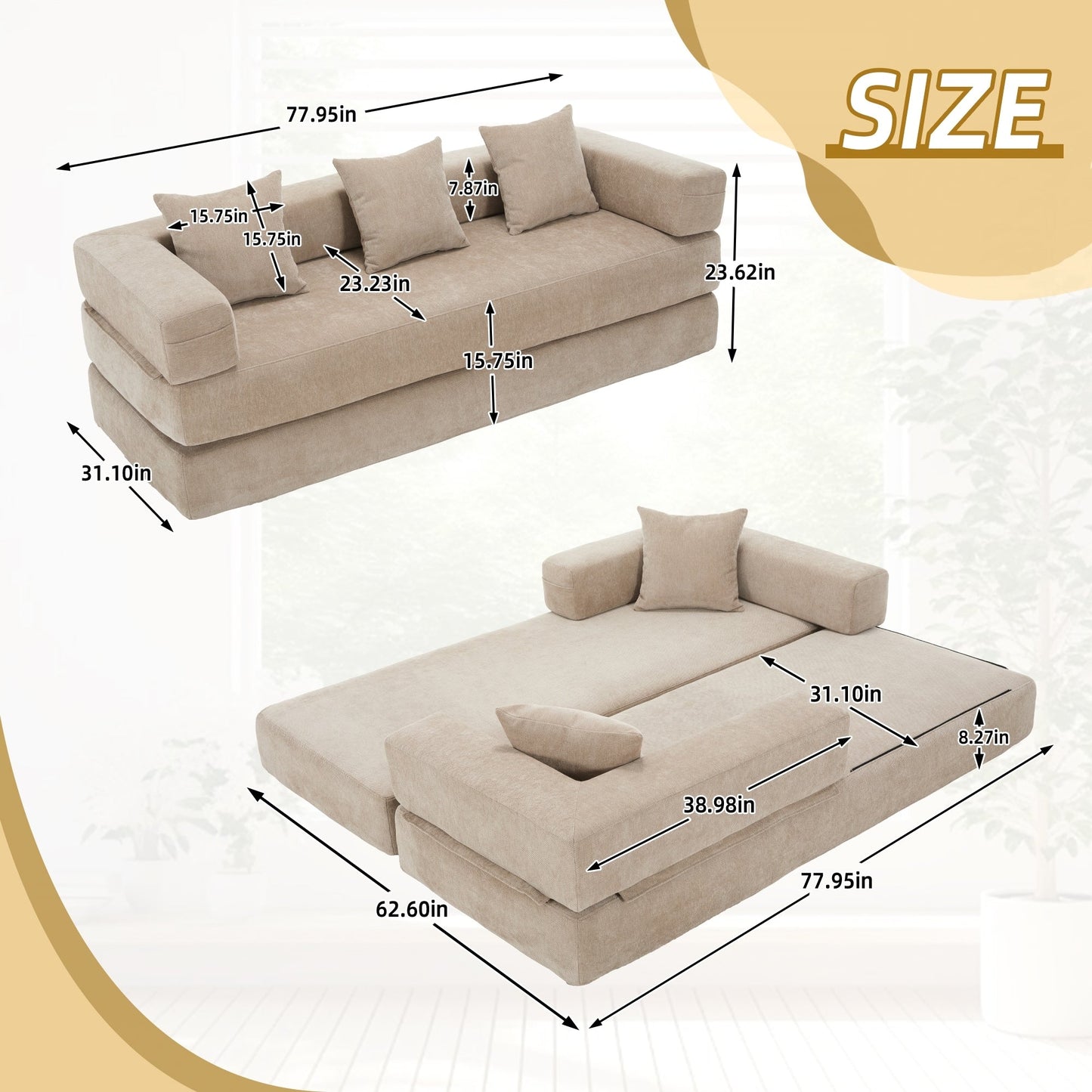 Divano letto trasformabile pieghevole in memory foam imbottito in ciniglia HOMEFUN con cuscini per soggiorno