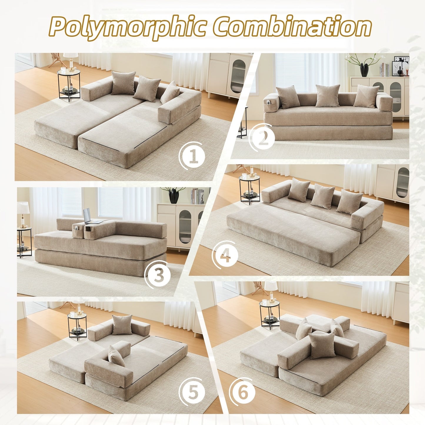 Divano letto trasformabile pieghevole in memory foam imbottito in ciniglia HOMEFUN con cuscini per soggiorno