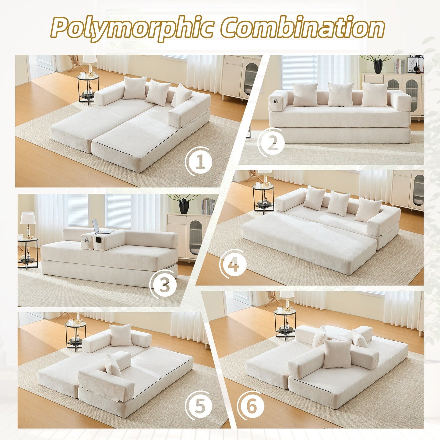 Divano letto trasformabile pieghevole in memory foam imbottito in ciniglia HOMEFUN con cuscini per soggiorno