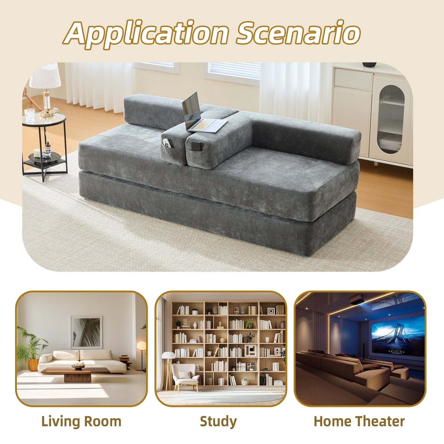 Divano letto trasformabile pieghevole in memory foam imbottito in ciniglia HOMEFUN con cuscini per soggiorno