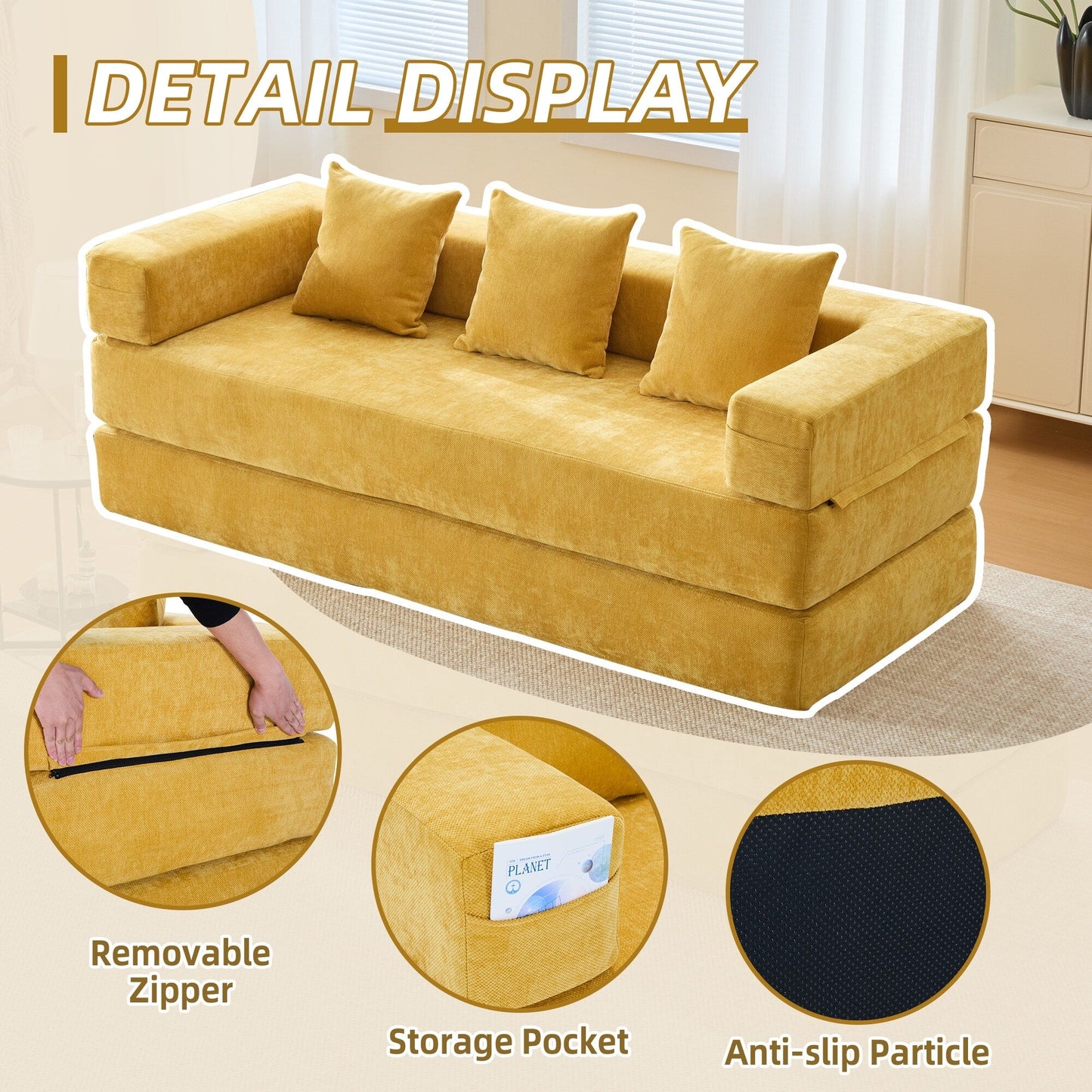 Divano letto trasformabile pieghevole in memory foam imbottito in ciniglia HOMEFUN con cuscini per soggiorno