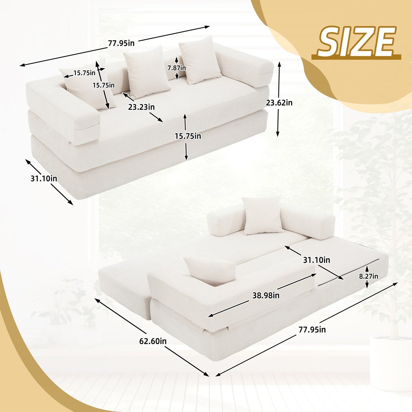 Divano letto trasformabile pieghevole in memory foam imbottito in ciniglia HOMEFUN con cuscini per soggiorno