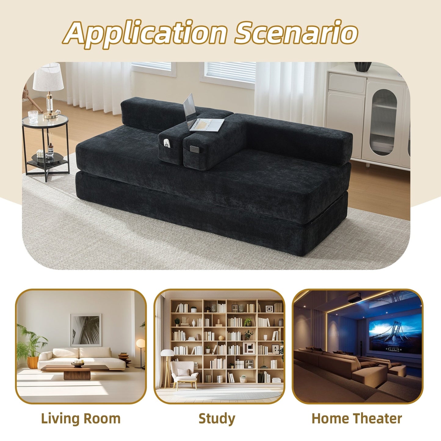 Divano letto trasformabile pieghevole in memory foam imbottito in ciniglia HOMEFUN con cuscini per soggiorno