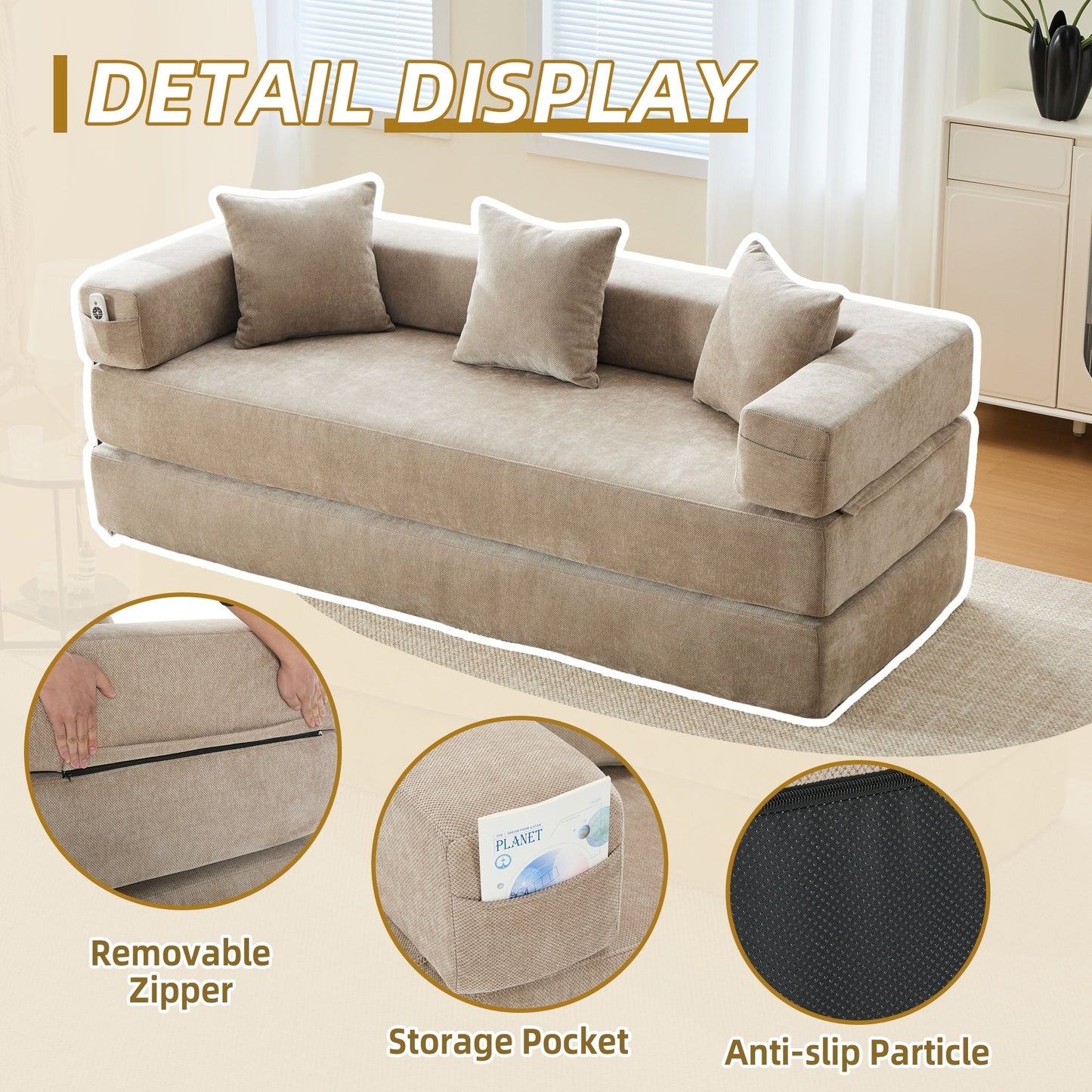 Divano letto trasformabile pieghevole in memory foam imbottito in ciniglia HOMEFUN con cuscini per soggiorno