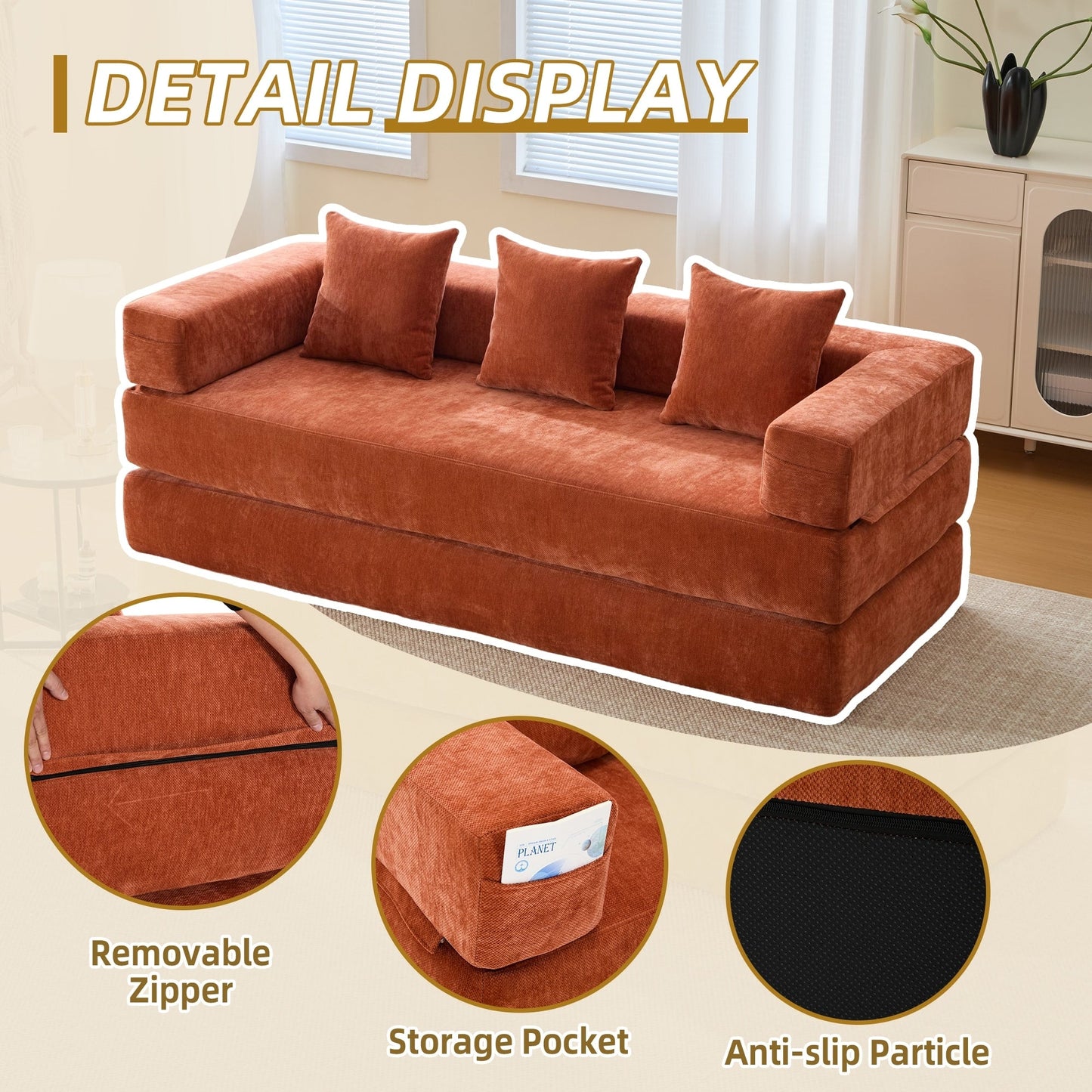 Divano letto trasformabile pieghevole in memory foam imbottito in ciniglia HOMEFUN con cuscini per soggiorno