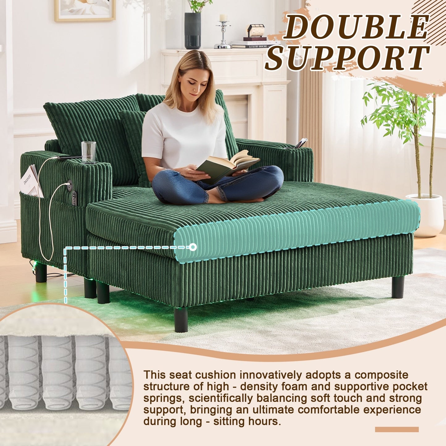 Divano letto reclinabile HOMEFUN imbottito in velluto a coste con luce LED RGB di grandi dimensioni, portabicchieri, USB e 3 cuscini