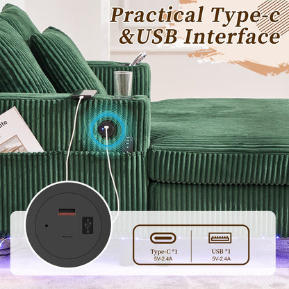 Divano letto reclinabile HOMEFUN imbottito in velluto a coste con luce LED RGB di grandi dimensioni, portabicchieri, USB e 3 cuscini