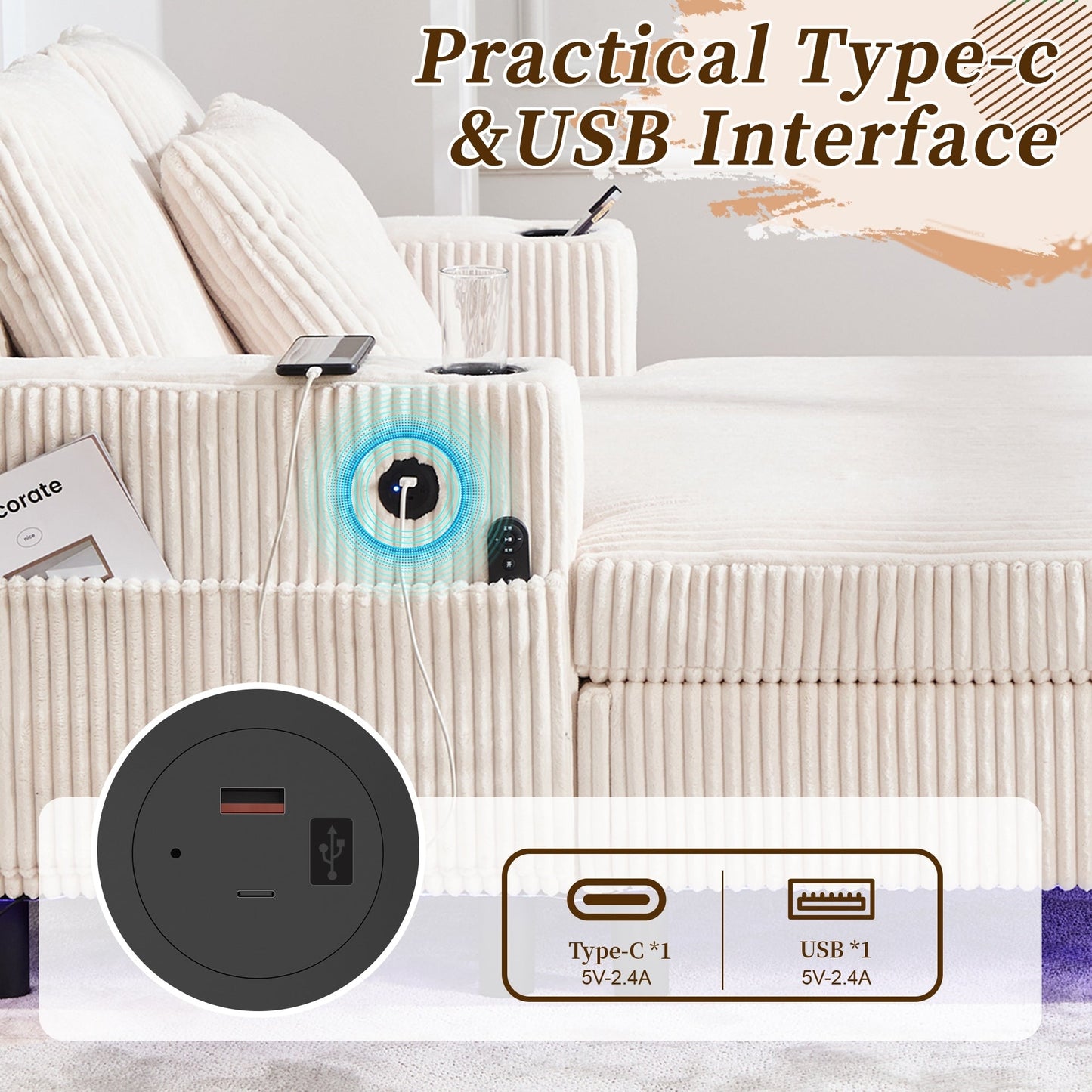 Divano letto reclinabile HOMEFUN imbottito in velluto a coste con luce LED RGB di grandi dimensioni, portabicchieri, USB e 3 cuscini