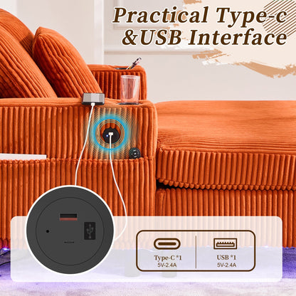 Divano letto reclinabile HOMEFUN imbottito in velluto a coste con luce LED RGB di grandi dimensioni, portabicchieri, USB e 3 cuscini