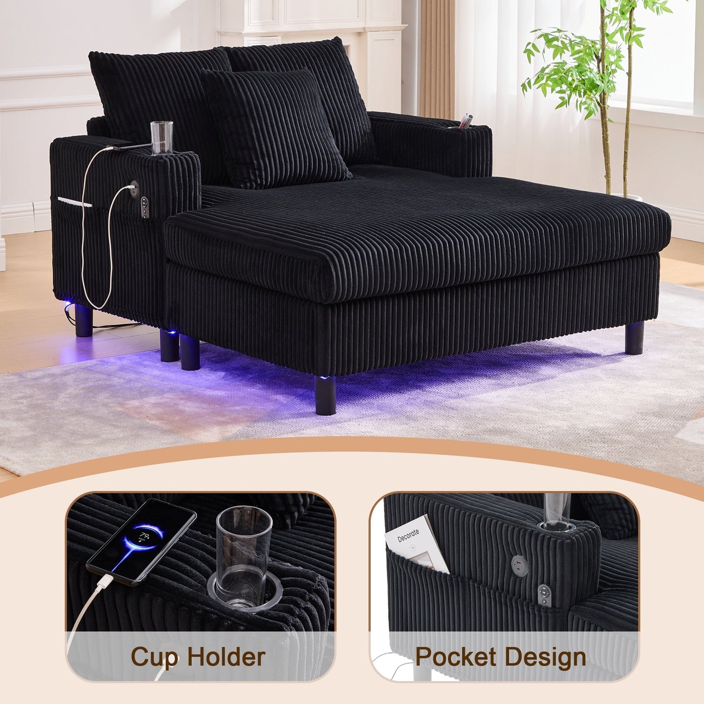 Divano letto reclinabile HOMEFUN imbottito in velluto a coste con luce LED RGB di grandi dimensioni, portabicchieri, USB e 3 cuscini