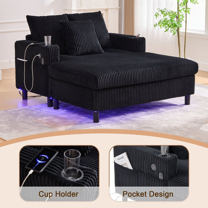 Divano letto reclinabile HOMEFUN imbottito in velluto a coste con luce LED RGB di grandi dimensioni, portabicchieri, USB e 3 cuscini
