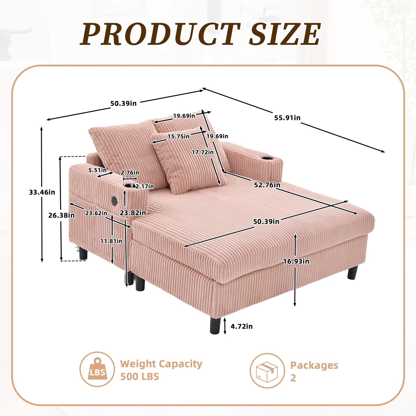 Divano letto reclinabile HOMEFUN imbottito in velluto a coste con luce LED RGB di grandi dimensioni, portabicchieri, USB e 3 cuscini