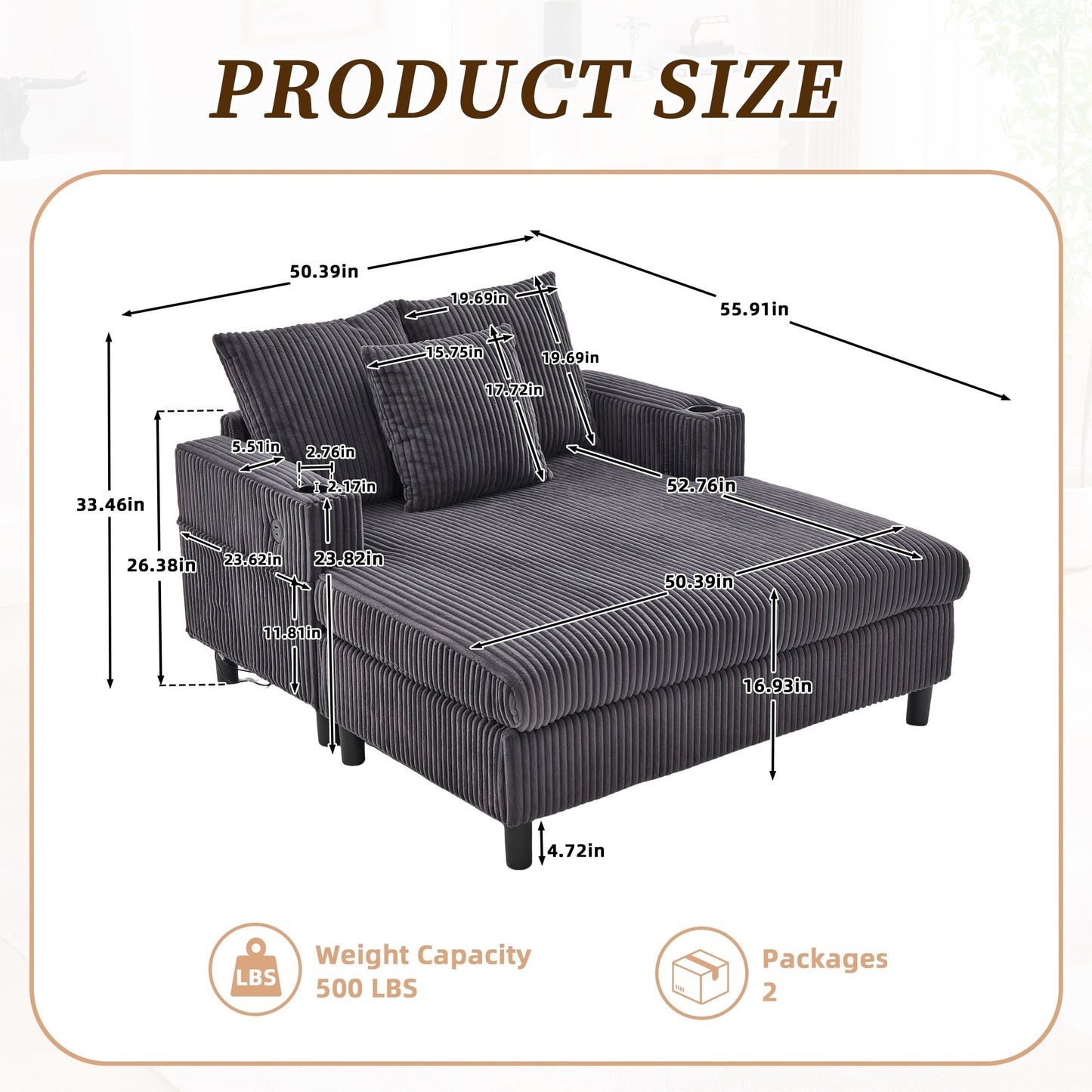 Divano letto reclinabile HOMEFUN imbottito in velluto a coste con luce LED RGB di grandi dimensioni, portabicchieri, USB e 3 cuscini