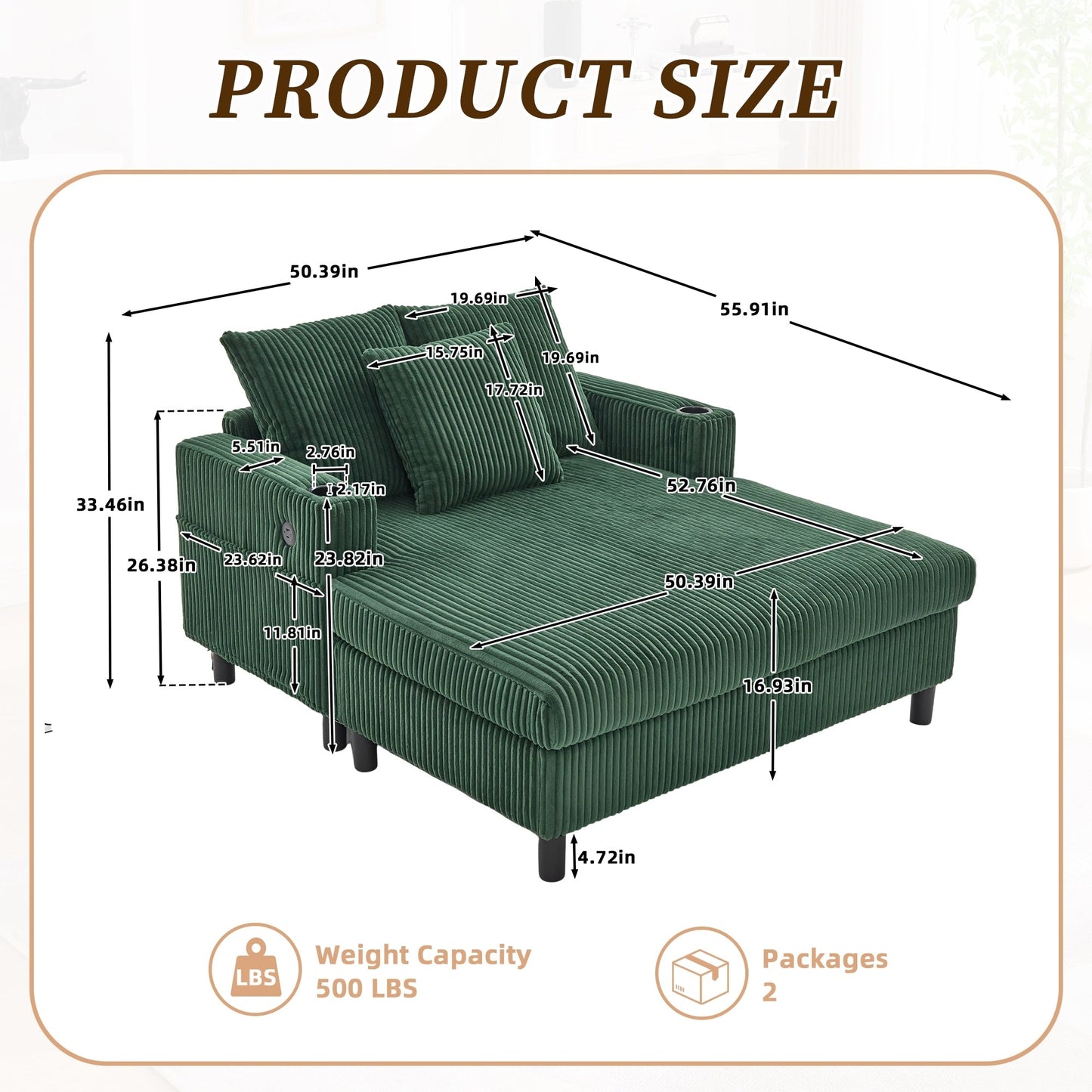 Divano letto reclinabile HOMEFUN imbottito in velluto a coste con luce LED RGB di grandi dimensioni, portabicchieri, USB e 3 cuscini