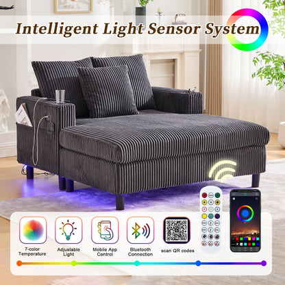 Divano letto reclinabile HOMEFUN imbottito in velluto a coste con luce LED RGB di grandi dimensioni, portabicchieri, USB e 3 cuscini