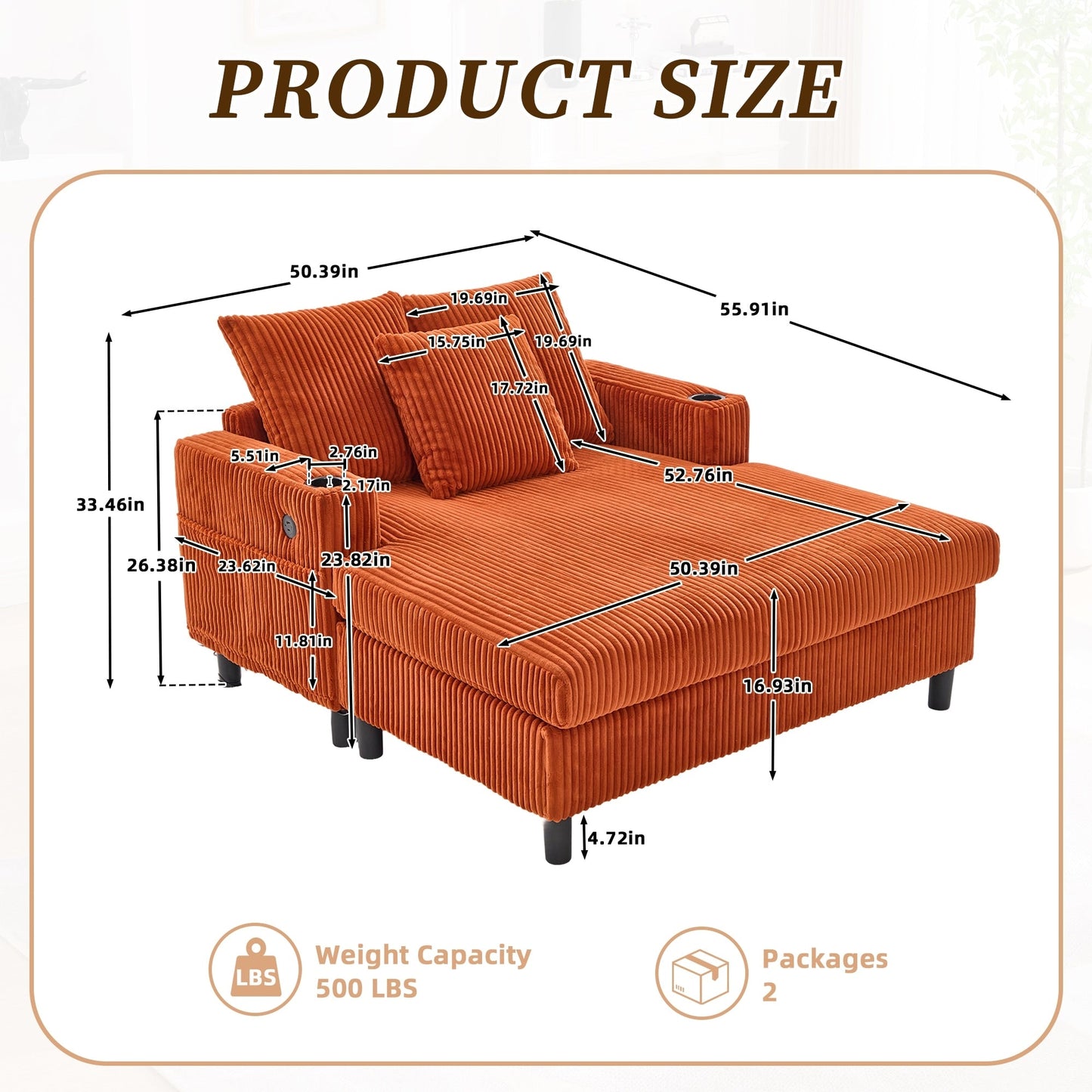 Divano letto reclinabile HOMEFUN imbottito in velluto a coste con luce LED RGB di grandi dimensioni, portabicchieri, USB e 3 cuscini