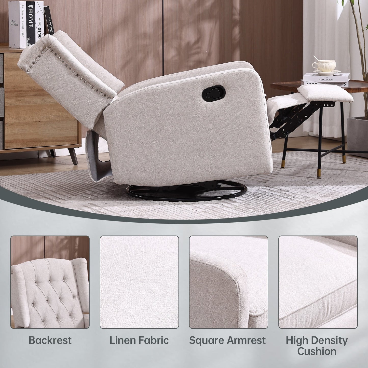 Poltrona reclinabile a dondolo girevole a 360 gradi imbottita HOMEFUN per camera da letto e soggiorno