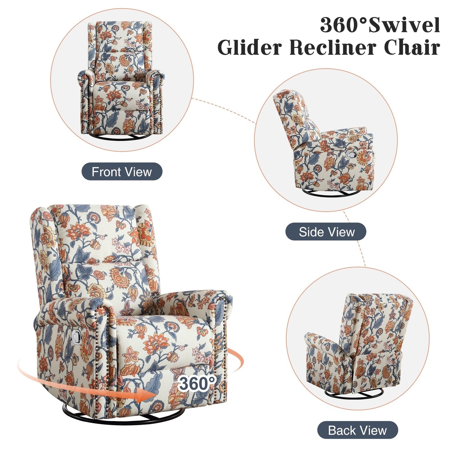 HOMYKA Poltrona a dondolo girevole reclinabile manuale floreale, set da 2