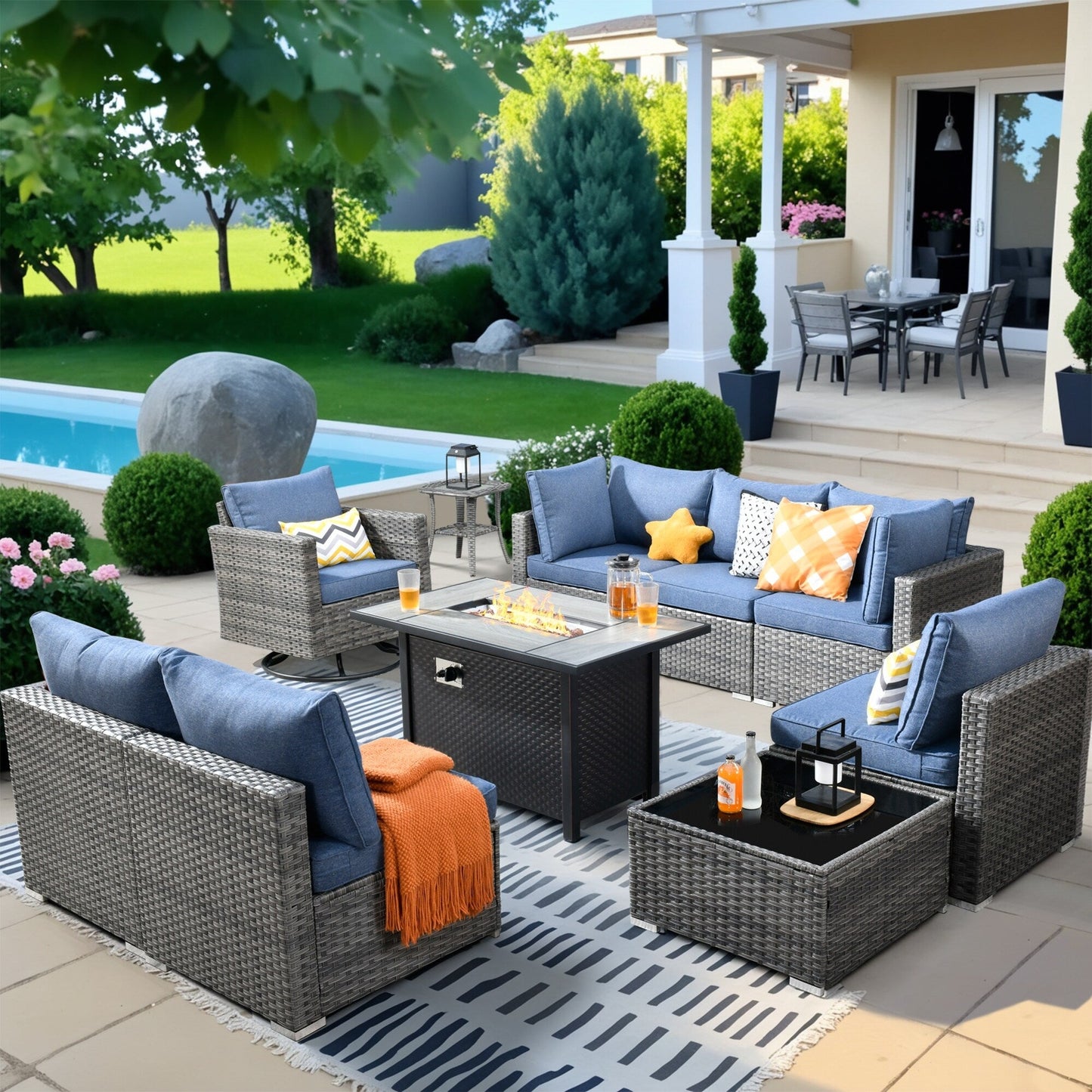 HOOOWOOO Set di 10 divani componibili in vimini per esterni, sedia a dondolo girevole con tavolo con braciere