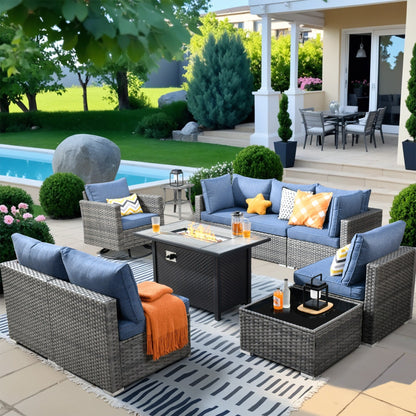 HOOOWOOO Set di 10 divani componibili in vimini per esterni, sedia a dondolo girevole con tavolo con braciere