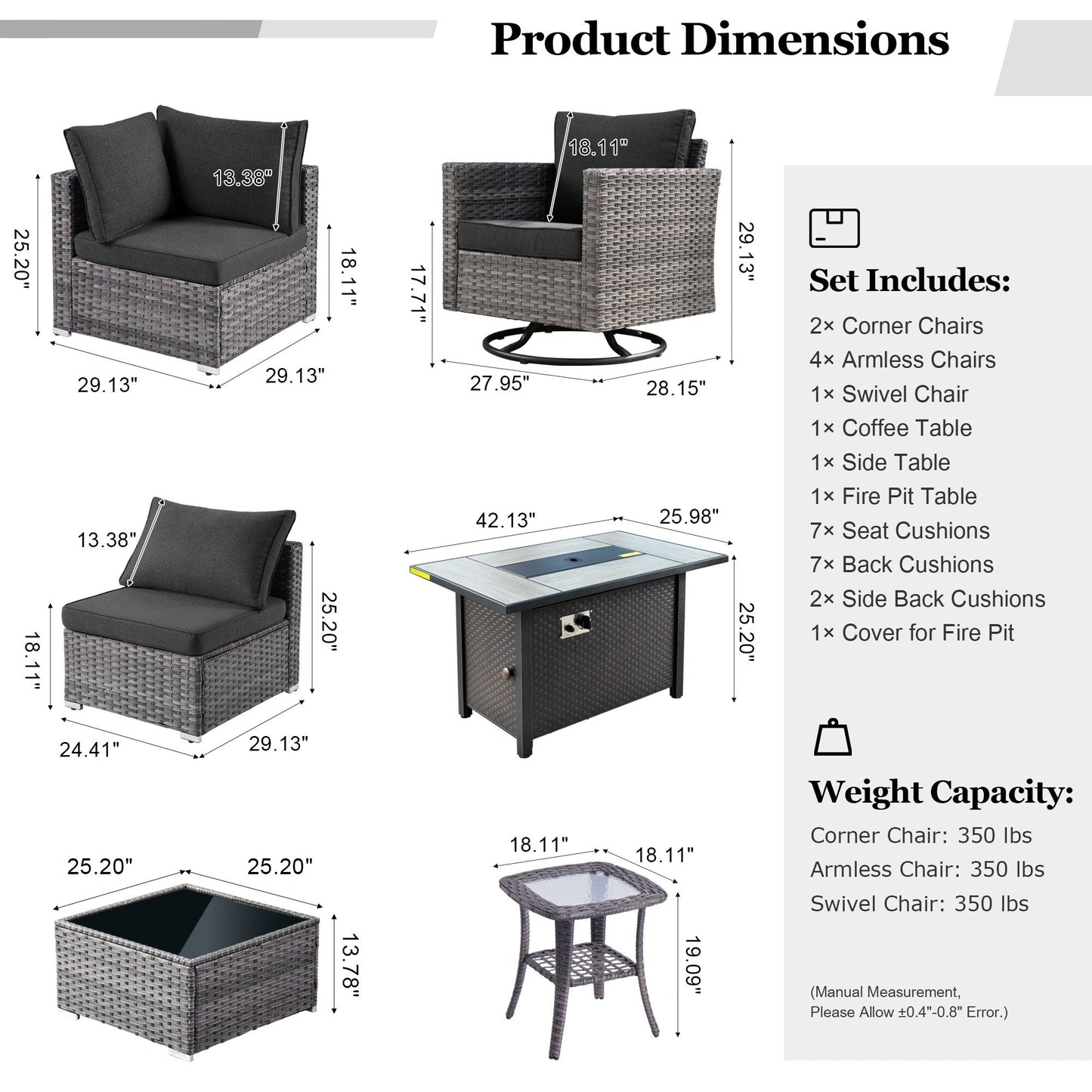HOOOWOOO Set di 10 divani componibili in vimini per esterni, sedia a dondolo girevole con tavolo con braciere