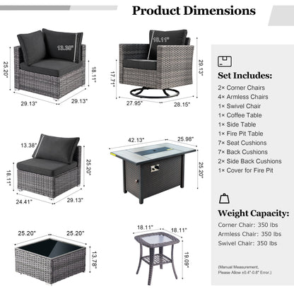 HOOOWOOO Set di 10 divani componibili in vimini per esterni, sedia a dondolo girevole con tavolo con braciere
