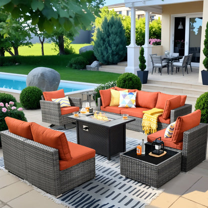 HOOOWOOO Set di 10 divani componibili in vimini per esterni, sedia a dondolo girevole con tavolo con braciere