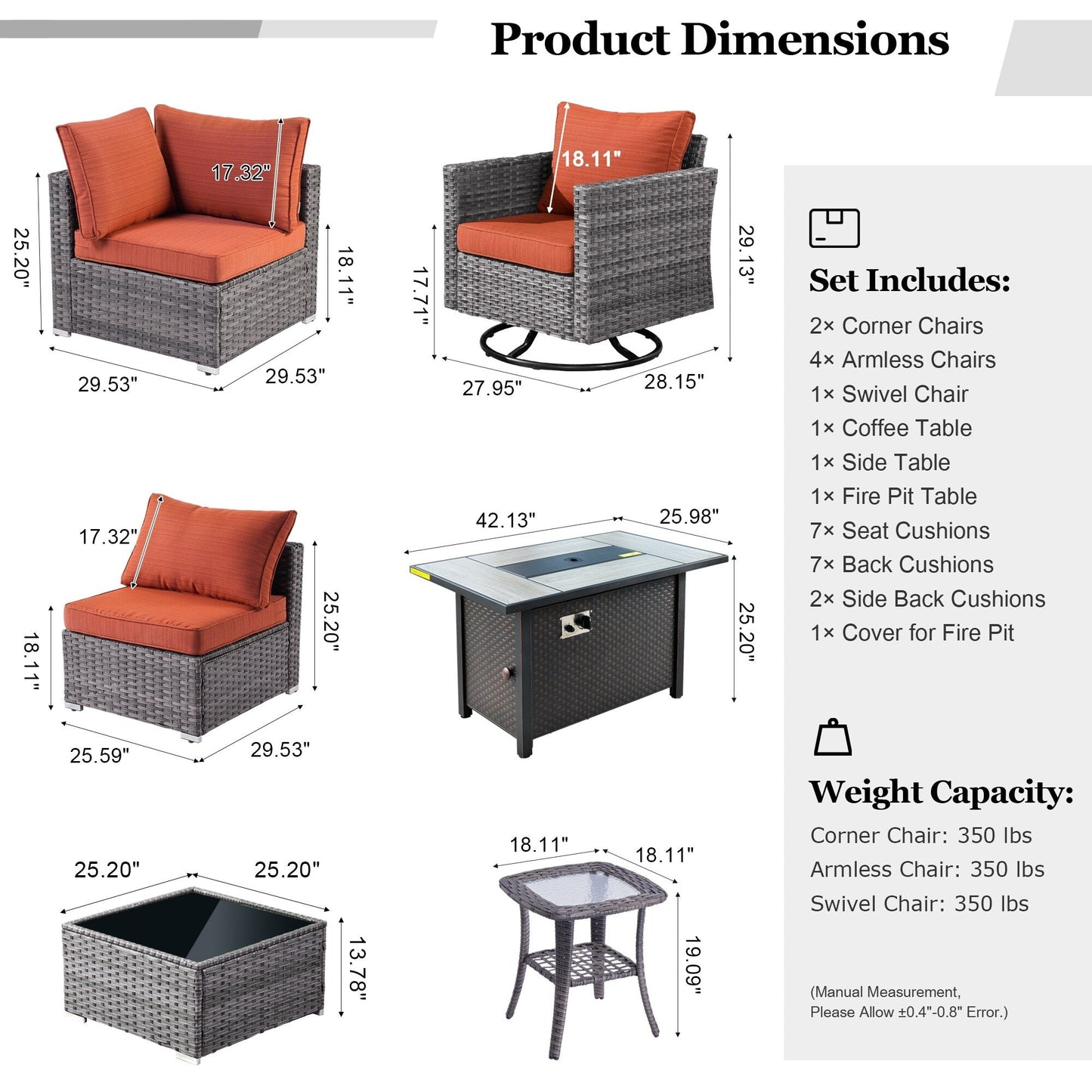 HOOOWOOO Set di 10 divani componibili in vimini per esterni, sedia a dondolo girevole con tavolo con braciere
