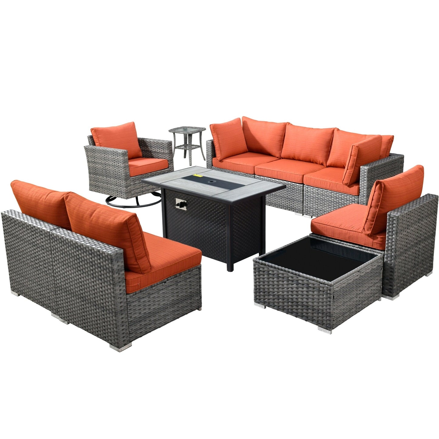 HOOOWOOO Set di 10 divani componibili in vimini per esterni, sedia a dondolo girevole con tavolo con braciere