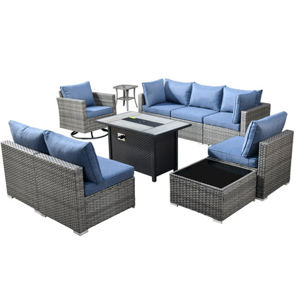 HOOOWOOO Set di 10 divani componibili in vimini per esterni, sedia a dondolo girevole con tavolo con braciere