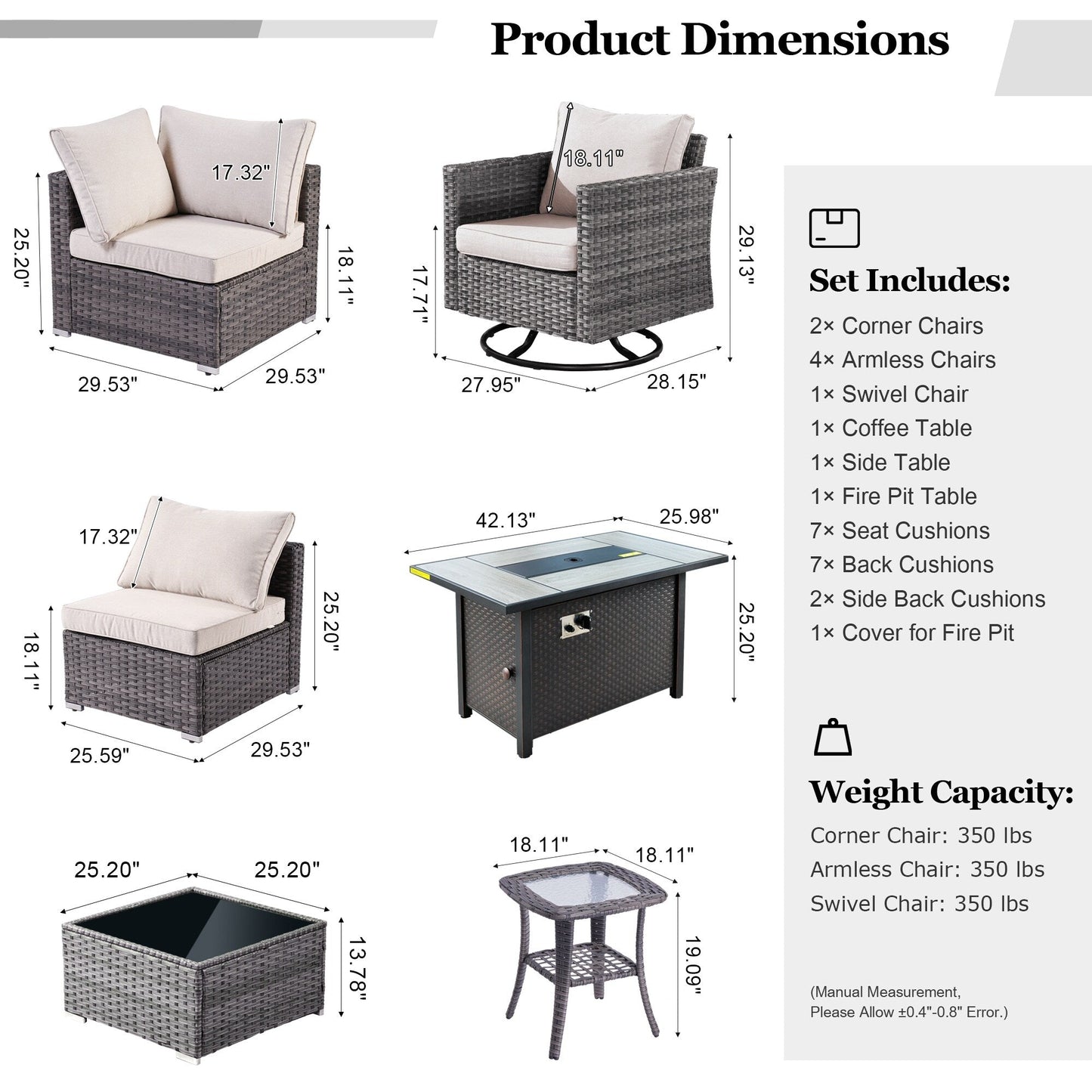 HOOOWOOO Set di 10 divani componibili in vimini per esterni, sedia a dondolo girevole con tavolo con braciere