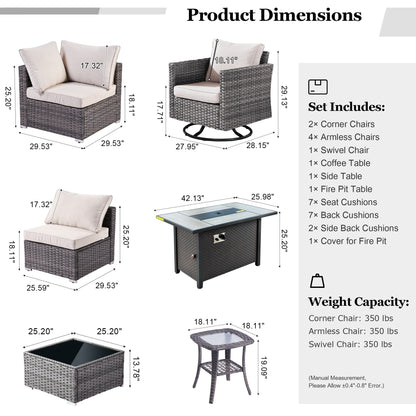 HOOOWOOO Set di 10 divani componibili in vimini per esterni, sedia a dondolo girevole con tavolo con braciere