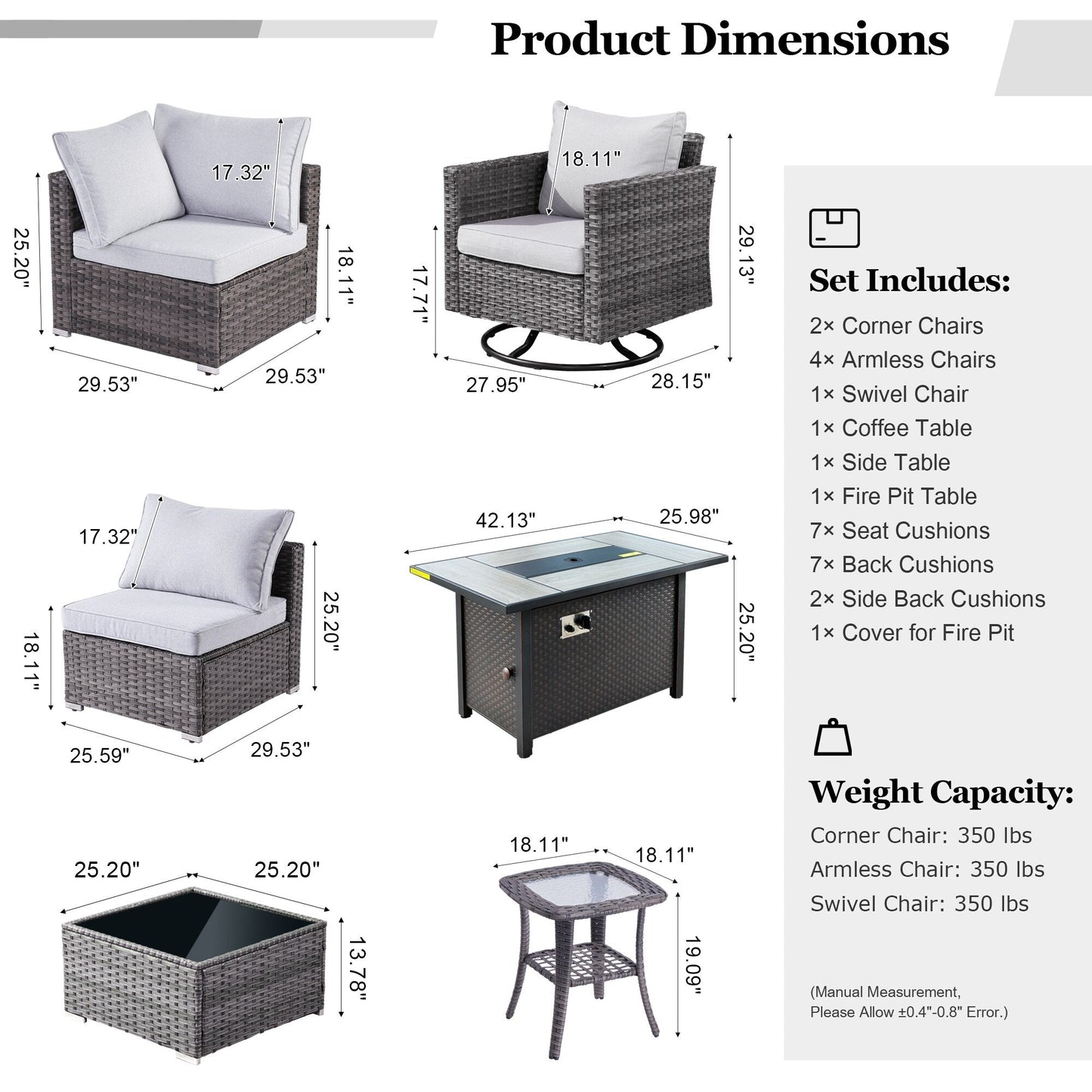HOOOWOOO Set di 10 divani componibili in vimini per esterni, sedia a dondolo girevole con tavolo con braciere