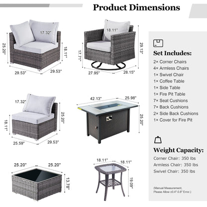 HOOOWOOO Set di 10 divani componibili in vimini per esterni, sedia a dondolo girevole con tavolo con braciere