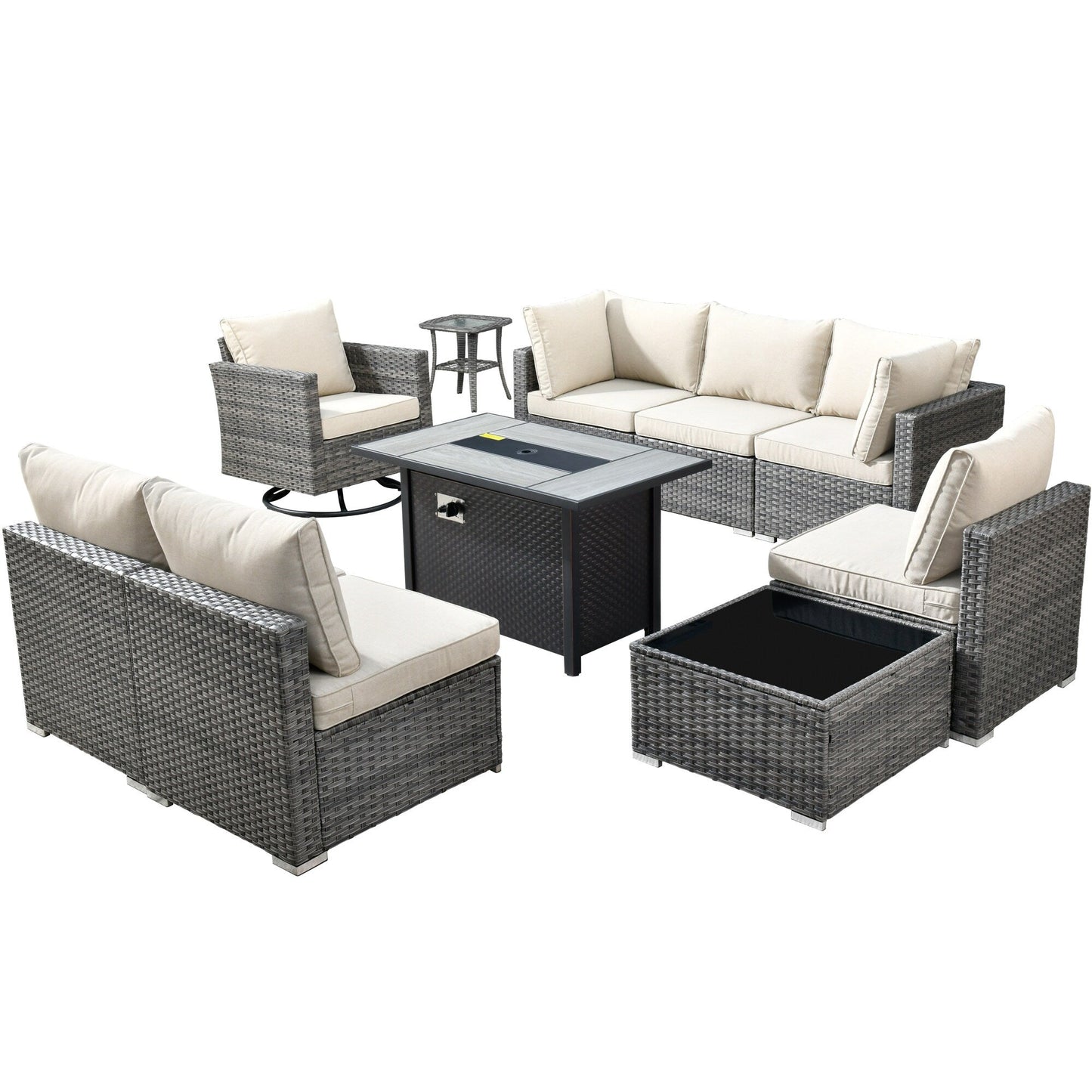 HOOOWOOO Set di 10 divani componibili in vimini per esterni, sedia a dondolo girevole con tavolo con braciere