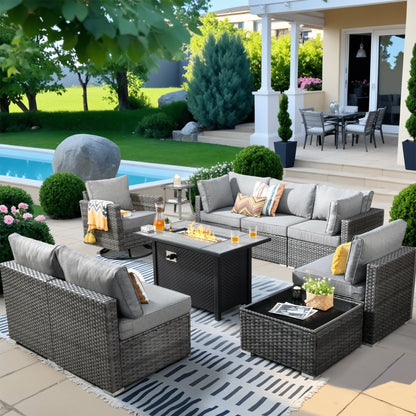 HOOOWOOO Set di 10 divani componibili in vimini per esterni, sedia a dondolo girevole con tavolo con braciere