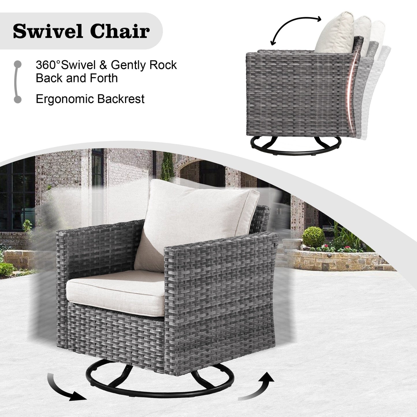 HOOOWOOO Set di 10 divani componibili in vimini per esterni, sedia a dondolo girevole con tavolo con braciere